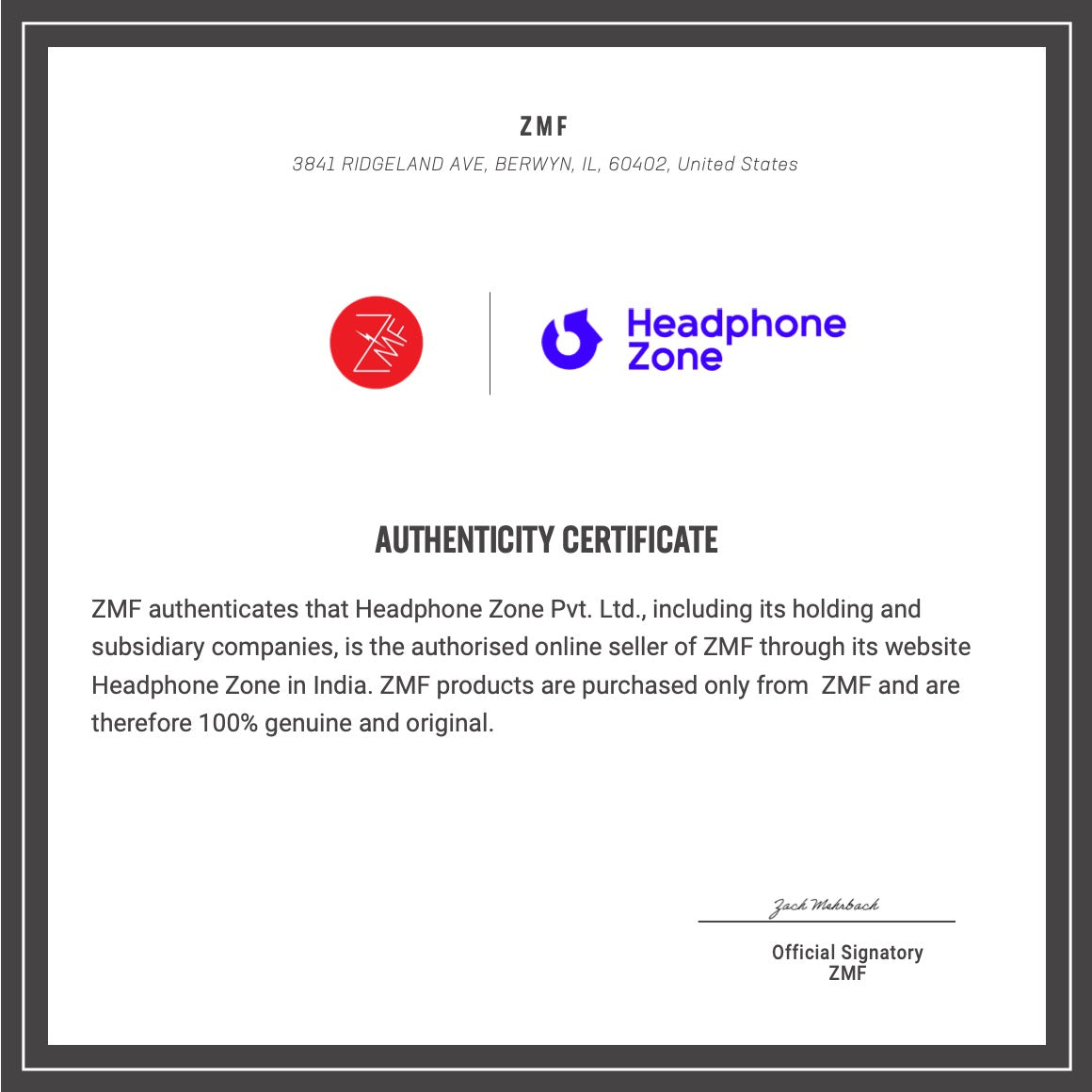 Headphone-Zone-ZMF-Certificate