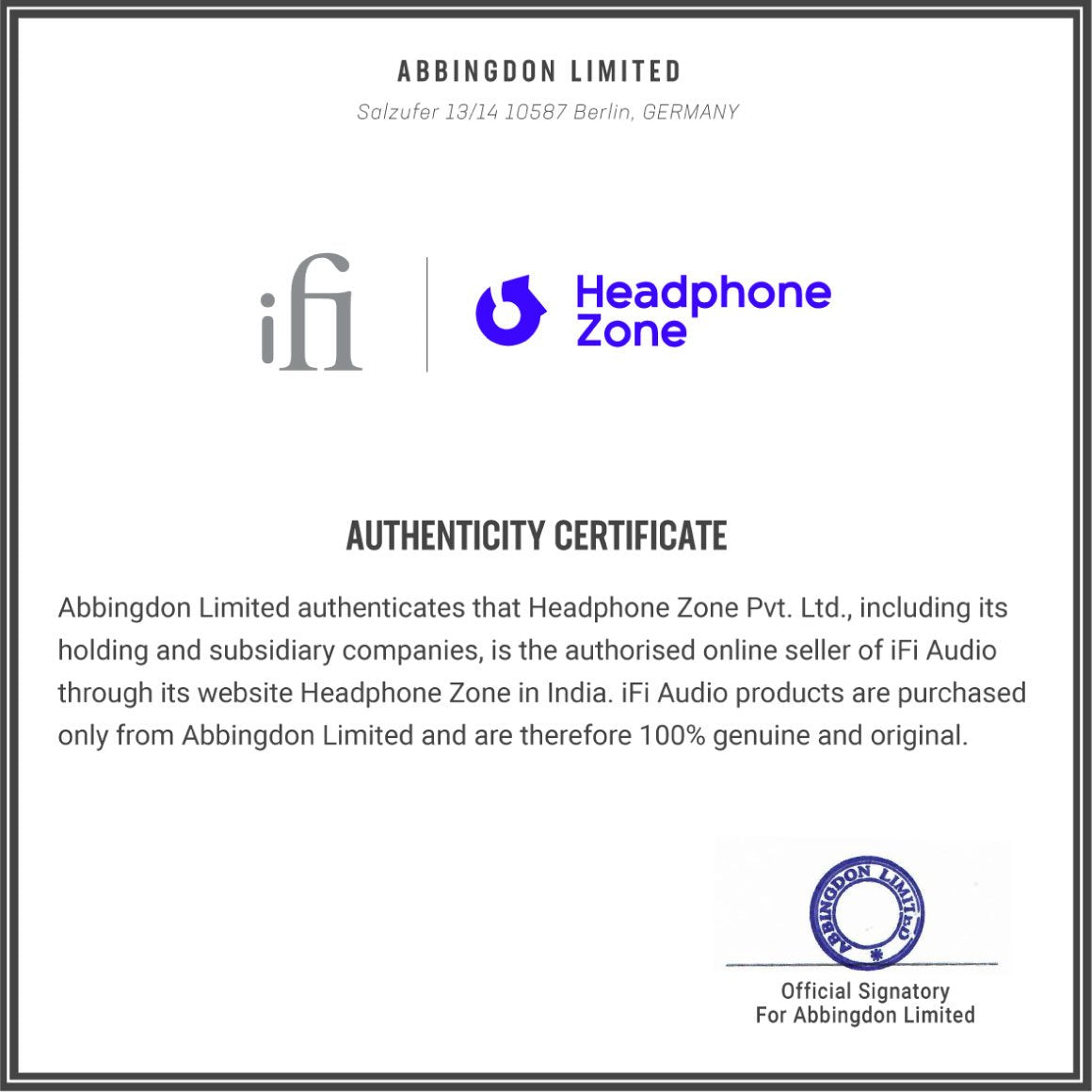 Headphone-Zone-iFi Audio-Authentication-Certificate