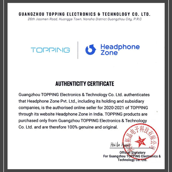 Headphone-Zone-TOPPING-Authenticity-Certificate