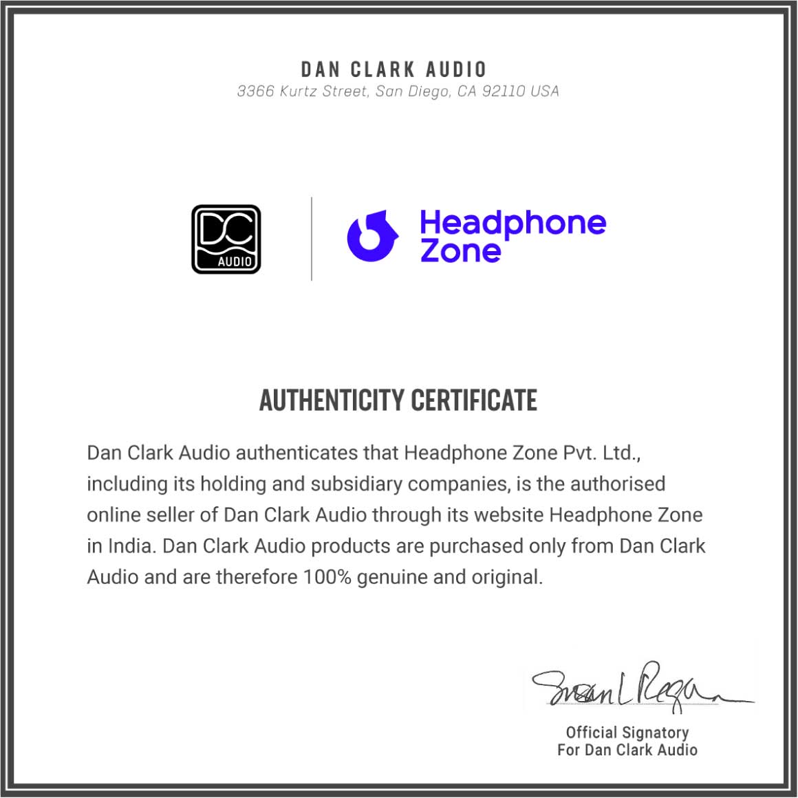 Headphoen-Zone-Dan Clark Audio-Authenticity-Certificate