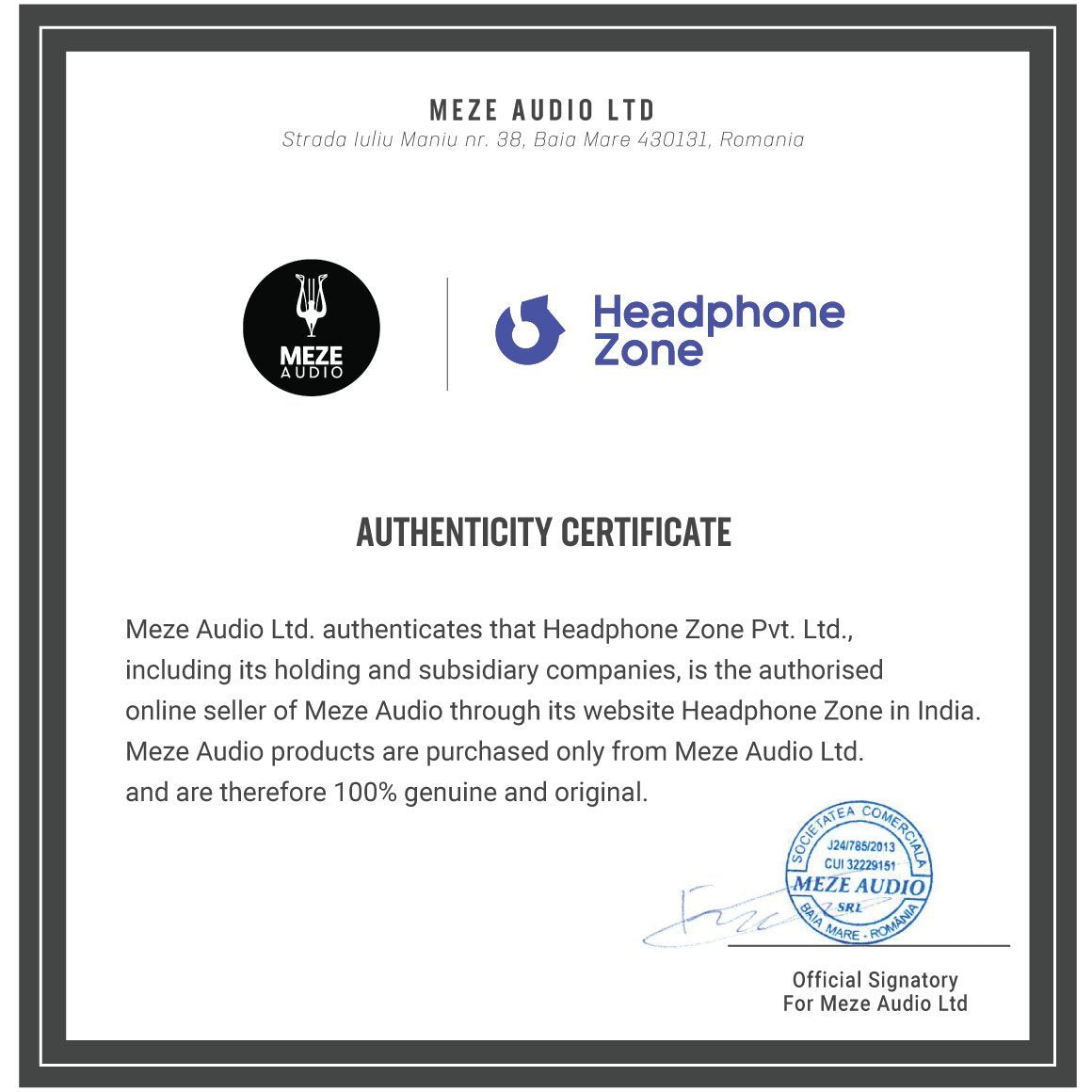 Headphone-Zone-Meze-Authenticity Certificate