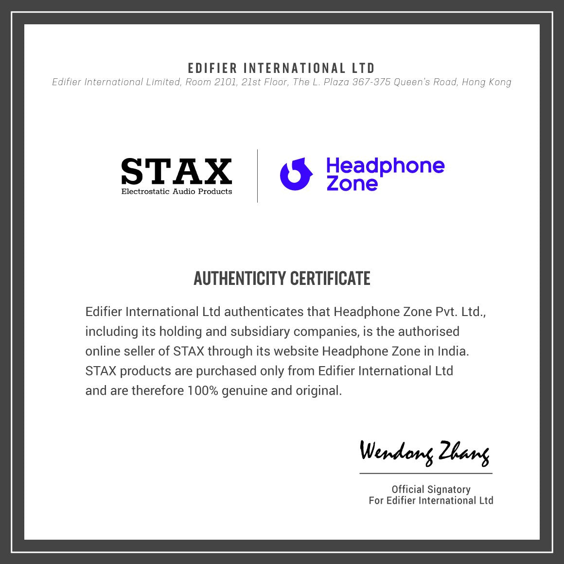 Headphone-Zone-STAX-Authenticity-Certifiacte