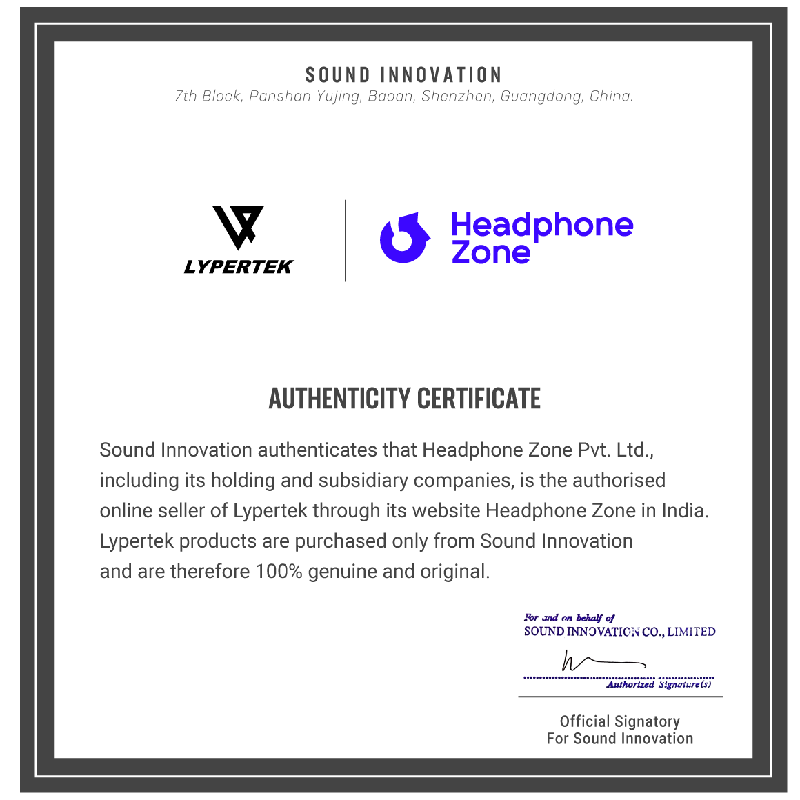 Headphone-Zone-LYPERTEK-Authenticity-Certificate