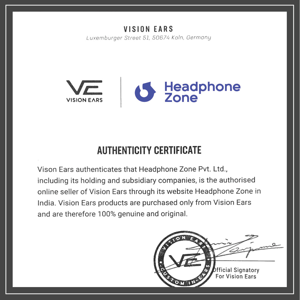 Vision Ears Authenticity Certificate 01